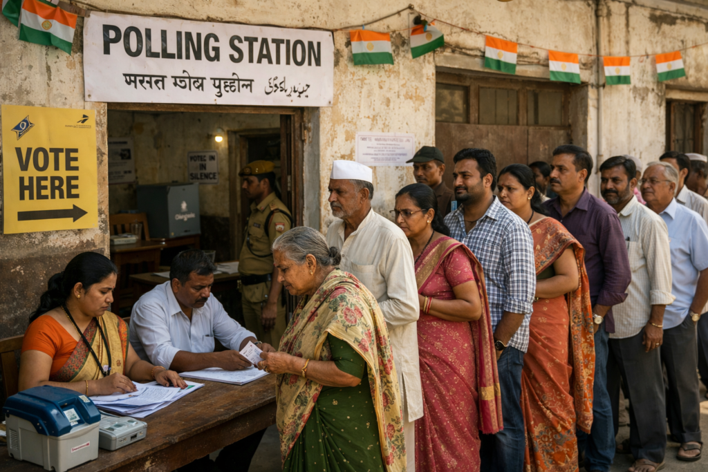 Indian people in queue for voting at poling station.