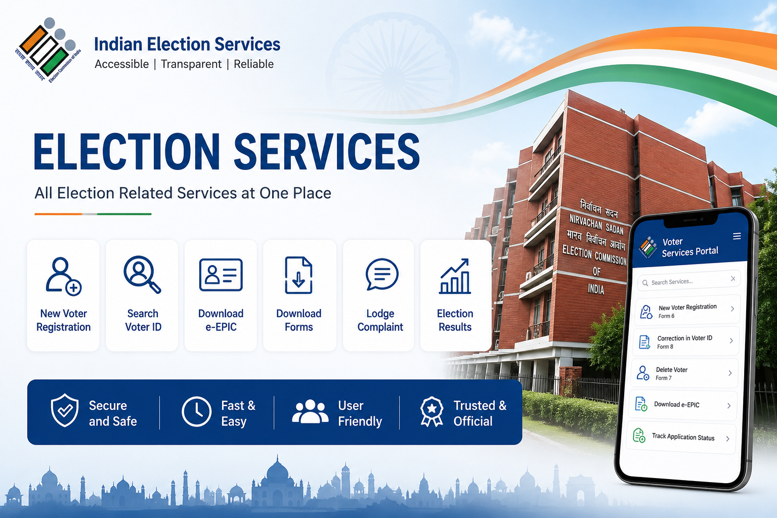 election services, Professional Election Services banner featuring Indian election-related online services including voter registration, voter ID search, e-EPIC download, complaint submission, and election results with government-style design and mobile portal interface.
